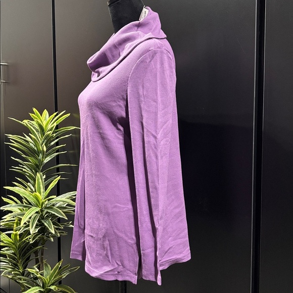 Karen Scott Waffle Knit,loose turtle neck,long sleeve,slit side,top,plum rosette - Picture 3 of 8